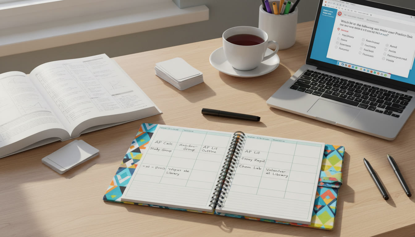 Photo Idea : A clean, colorful weekly planner laid out on a desk surrounded by open textbooks and a laptop showing a practice question. This image would sit near the section on weekly templates to visually anchor the schedule ideas.