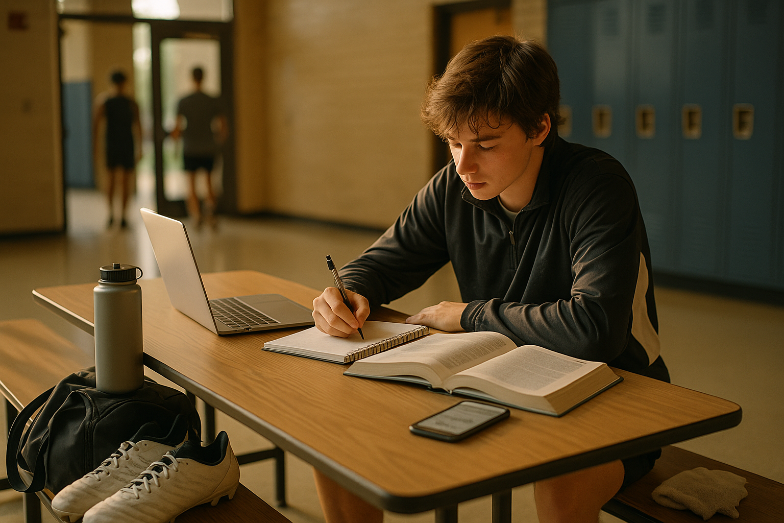 Photo Idea : A candid photo of a high-school athlete studying at a table between practices with a water bottle and cleats nearby — showing the dual focus on sport and academics.