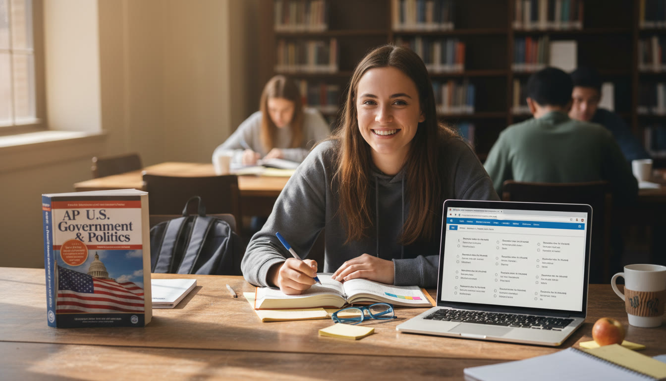 Photo Idea : Student sitting at a library table with AP Government textbook open on one side and a laptop showing SAT practice questions on the other   warm natural light, focused expression, notes scattered around.