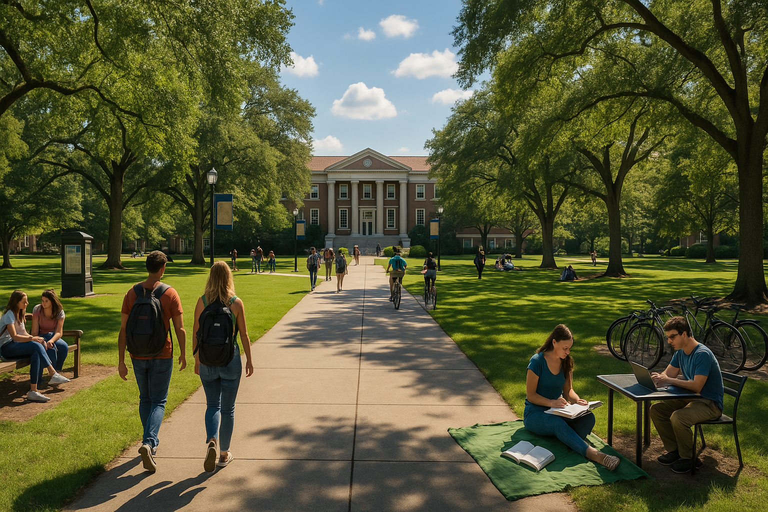 Photo Idea : Wide-angle photo of a sunny college quad with students walking and studying — to pair with tips on campus visits.