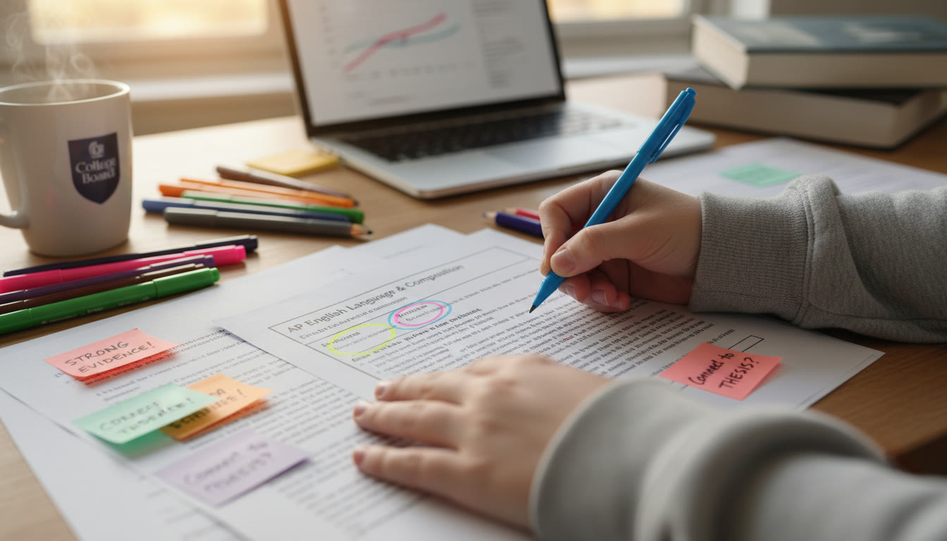 Photo Idea : A close-up of a student’s hand marking a printed rubric while revising a practice AP essay, with colored pens and sticky notes highlighting evidence and analysis sections. Focused, productive study setting.