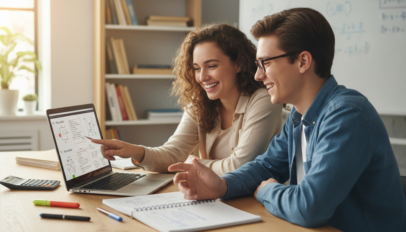 Photo Idea : A smiling tutor and student examining a physics problem together on a laptop, with notes and a calculator nearby — illustrates personalised 1-on-1 guidance and collaborative learning.