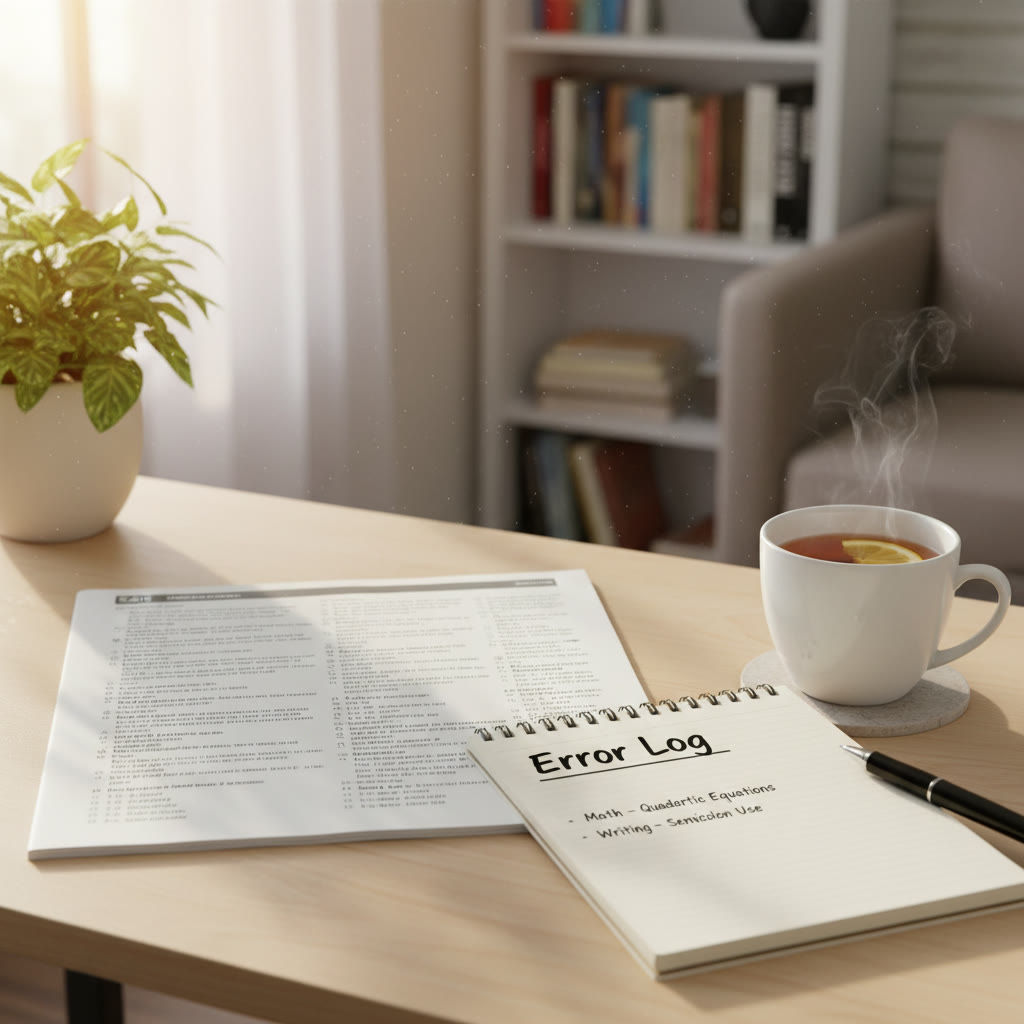 Desk setup with a printed SAT practice test, a cup of tea, and a notebook titled