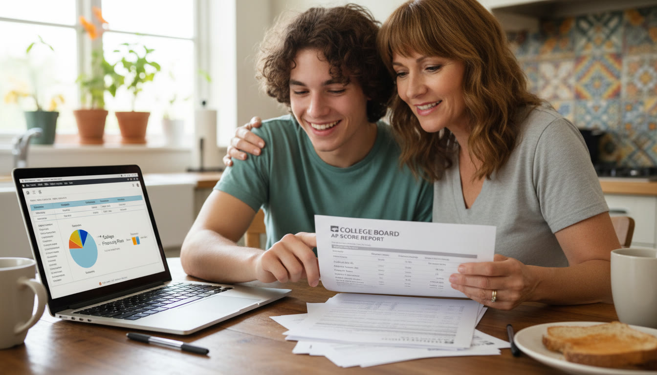 Photo Idea : A proud parent and student at a kitchen table looking over AP score reports and laptop, smiling while planning college finances.