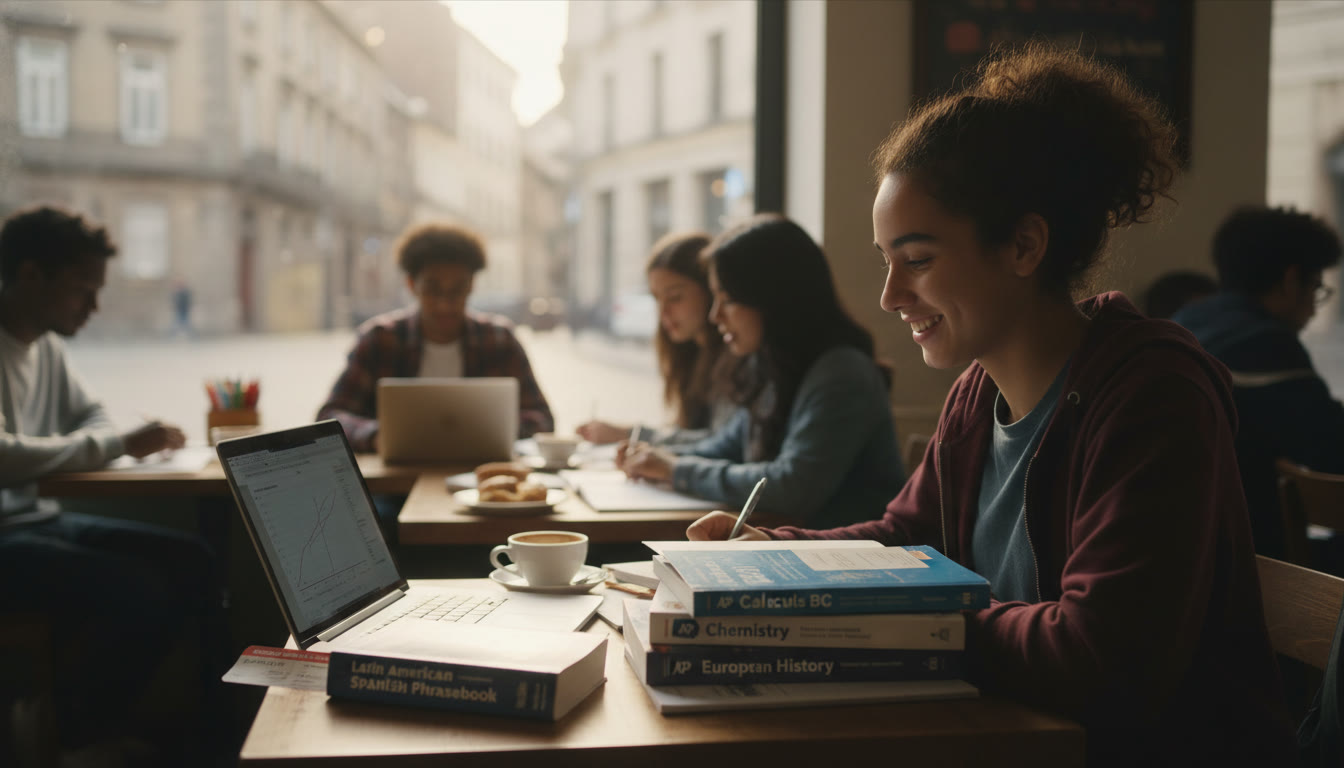 Photo Idea : A warm, candid photo of a high school student studying at a café with AP textbooks, a laptop, and a Spanish-language phrasebook to hint at international ambitions.