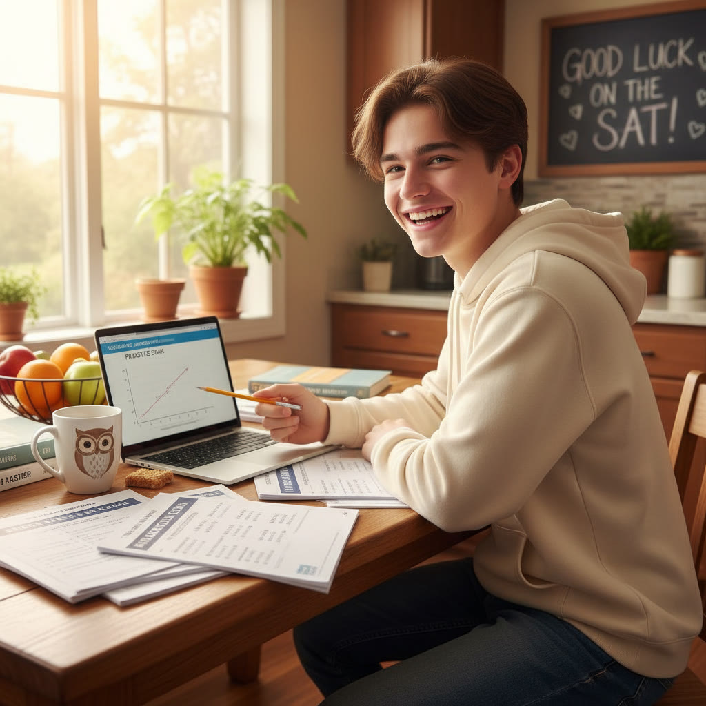 Photo Idea : A bright, candid photo of a high school student studying at a kitchen table with a laptop, practice test pages, and a coffee mug — natural light, warm tones.
