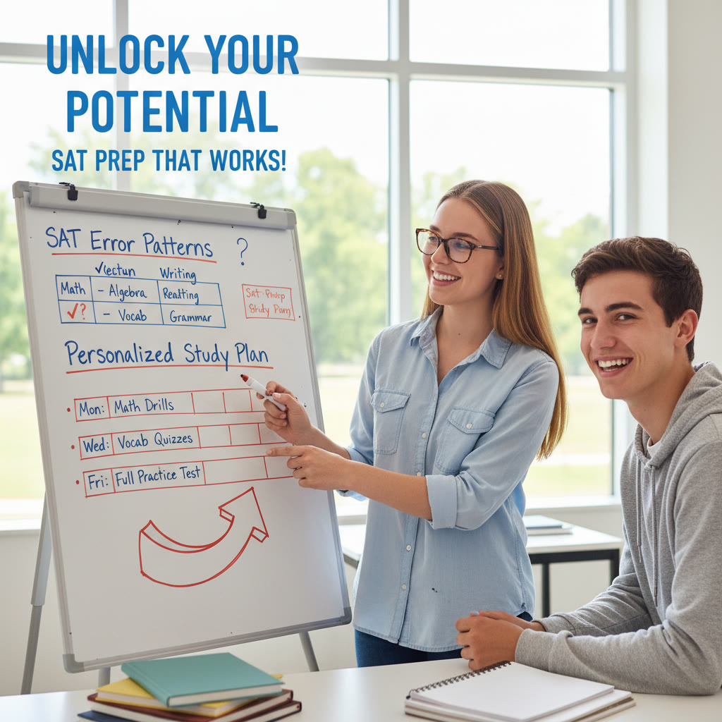 Close-up of a tutor and student at a whiteboard mapping out error patterns and a personalized study plan.