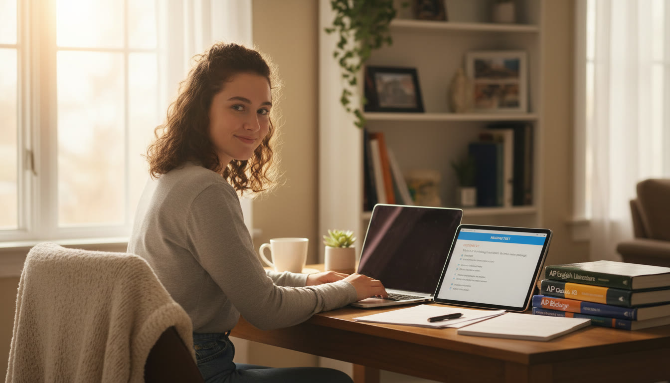 Photo Idea : A warm, sunlit study nook with a student at a laptop, AP textbooks stacked beside a digital tablet showing SAT practice questions evoking focused self-study and quiet confidence.