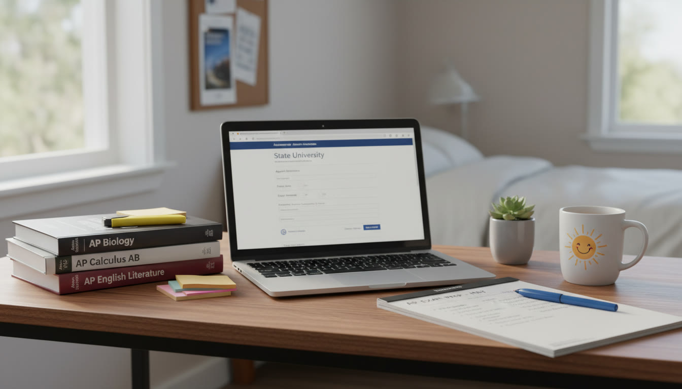 Photo Idea : A close-up of a student’s desk with AP study materials, a laptop showing a university admissions page, and a notebook with a study plan. The image should feel actionable and organized to inspire practical next steps.