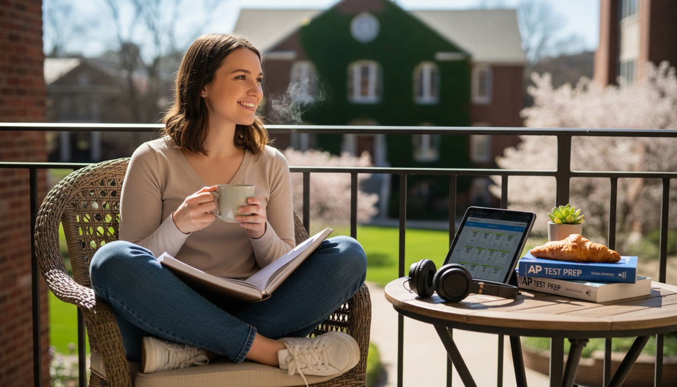 Photo Idea : A student sitting on a sunny balcony with a notebook and a cup of tea — relaxed posture, natural light, a mix of study materials and leisure items nearby to suggest balance.