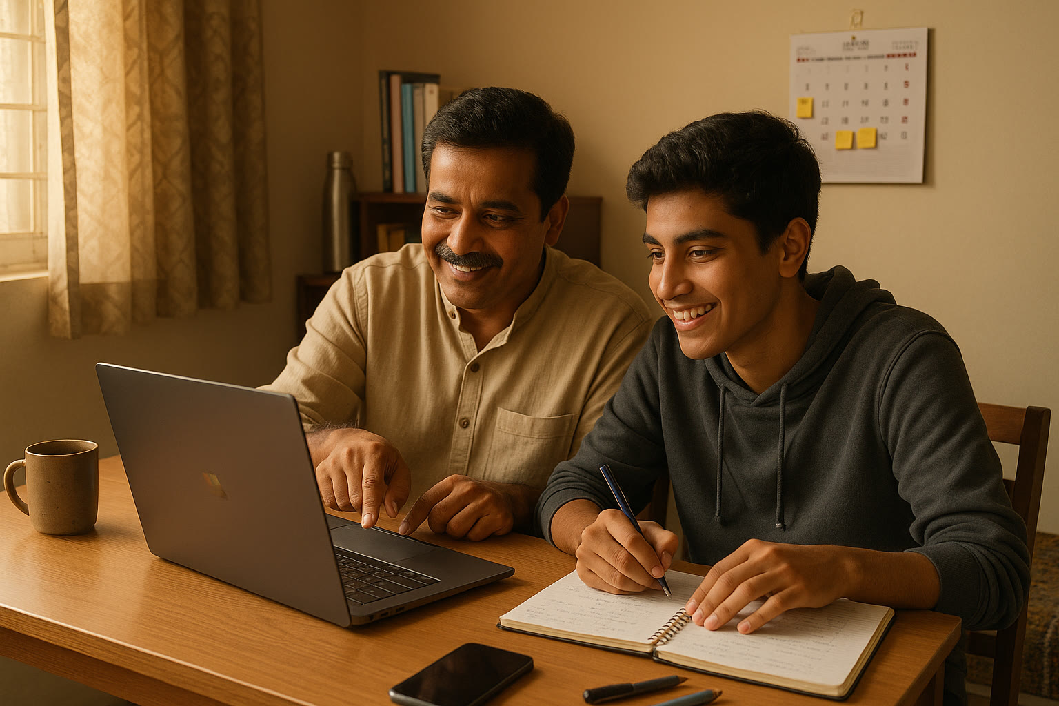 Photo Idea : A parent and teen looking at a laptop together, planning a study schedule. Natural home setting in a Tier-2 city bedroom or living room.
