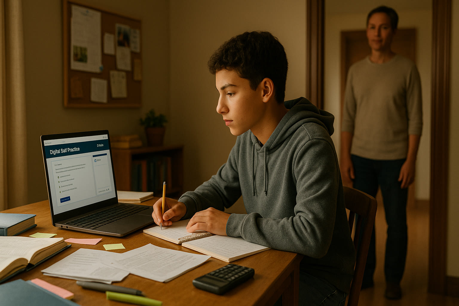 Photo Idea : A high-school student at a desk surrounded by books and a laptop with a Digital SAT practice screen; a parent stands in the doorway observing, both faces thoughtful not stressed.