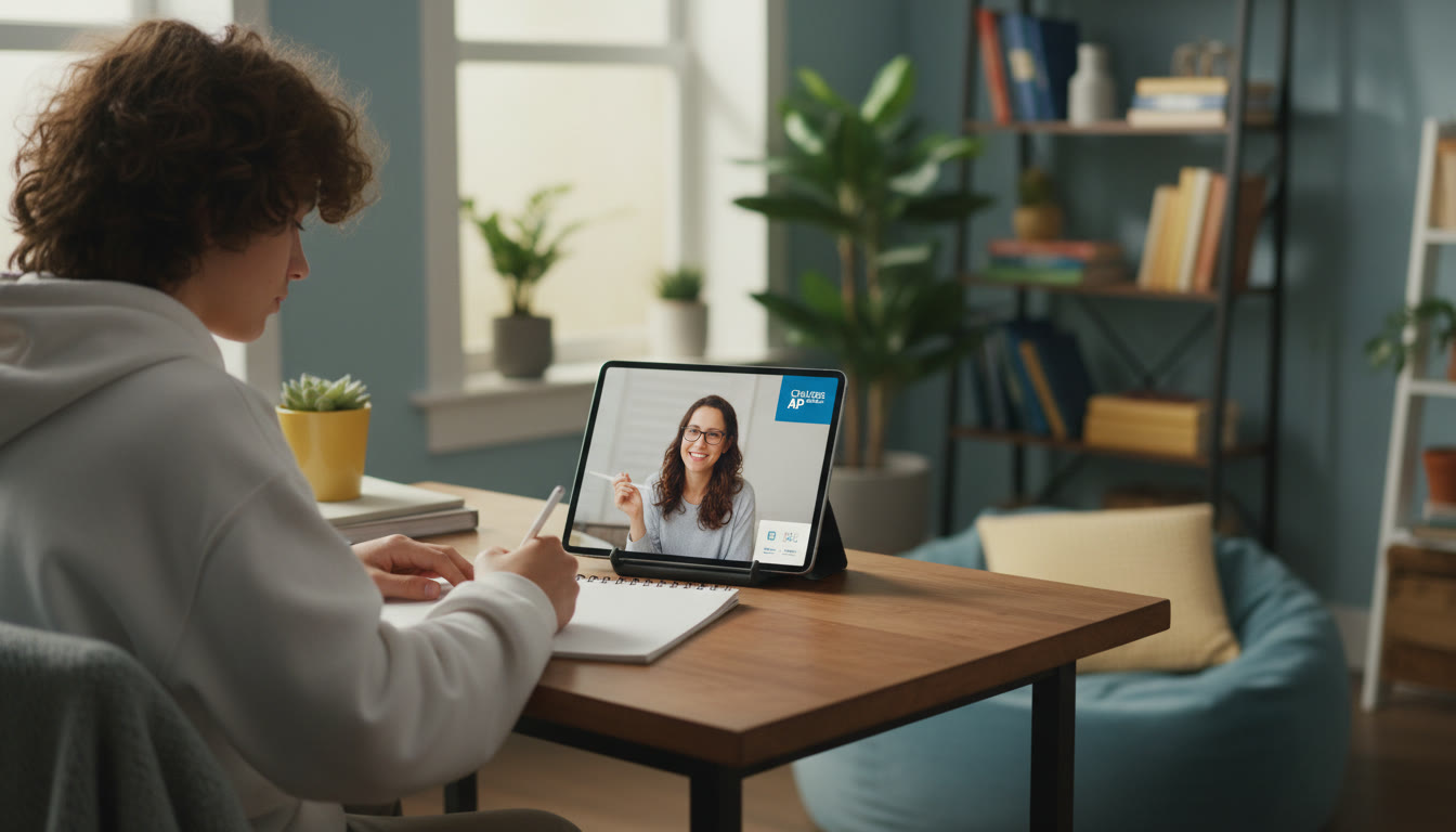 Photo Idea : A cozy study nook with a tutor on a tablet screen and a teen taking notes — shows modern, personalized 1-on-1 tutoring in a relaxed recovery setting.