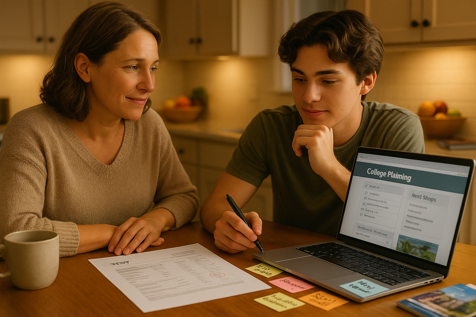 Photo Idea : A calm parent and student sitting at a kitchen table with test results, a laptop open to a college planning page, and sticky notes showing next steps—warm, supportive light suggesting conversation and planning.