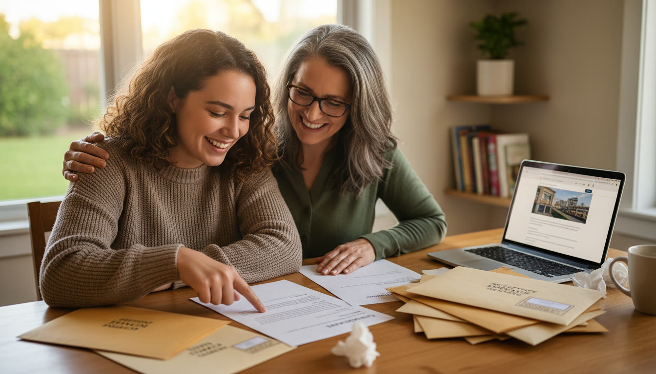 Photo Idea : A warm, celebratory photo of a student and parent reviewing university acceptance letters and scholarship notifications at a kitchen table, smiling and pointing at an opened letter.