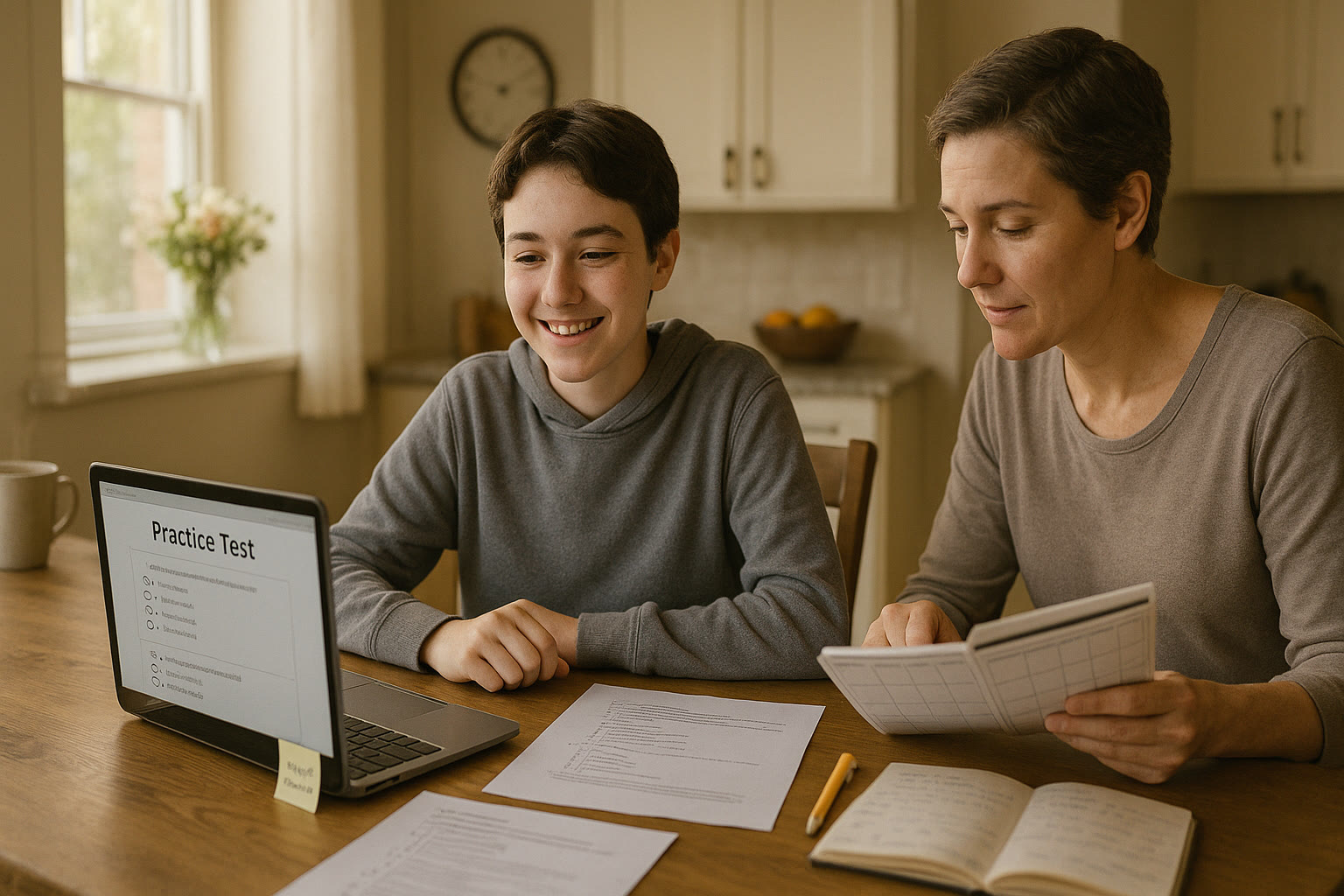 Photo Idea : A cheerful high-school student at a kitchen table with a laptop, practice tests, and a parent reviewing a calendar; natural morning light, calm mood.