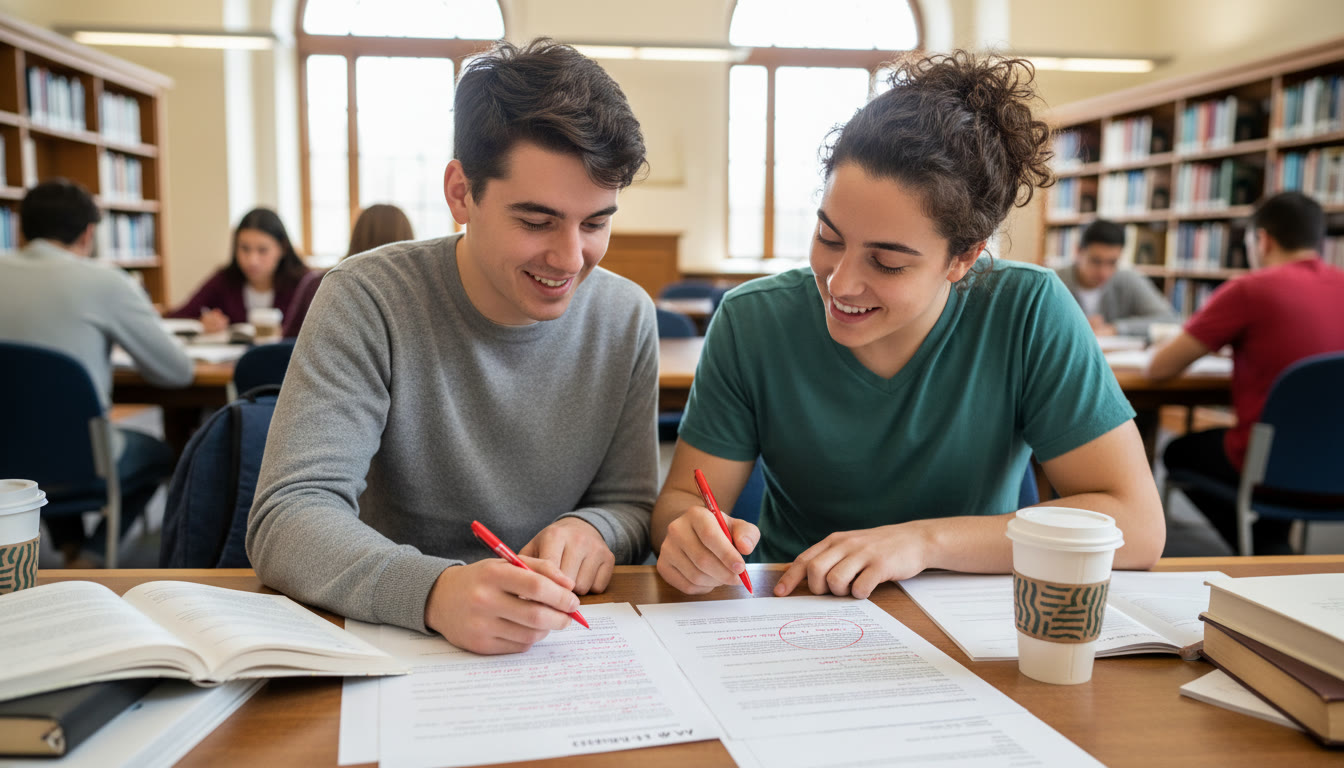 Photo Idea : A close shot of a tutor and student reviewing a printed AP essay, red pen in hand — conveys collaborative feedback and revision in action.