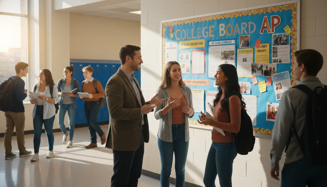 Photo Idea : A bright high-school hallway scene with students and a teacher chatting near an AP bulletin board—captures the sense of community around AP classes. (Place near the start of the article, integrating into the discussion of school AP offerings.)