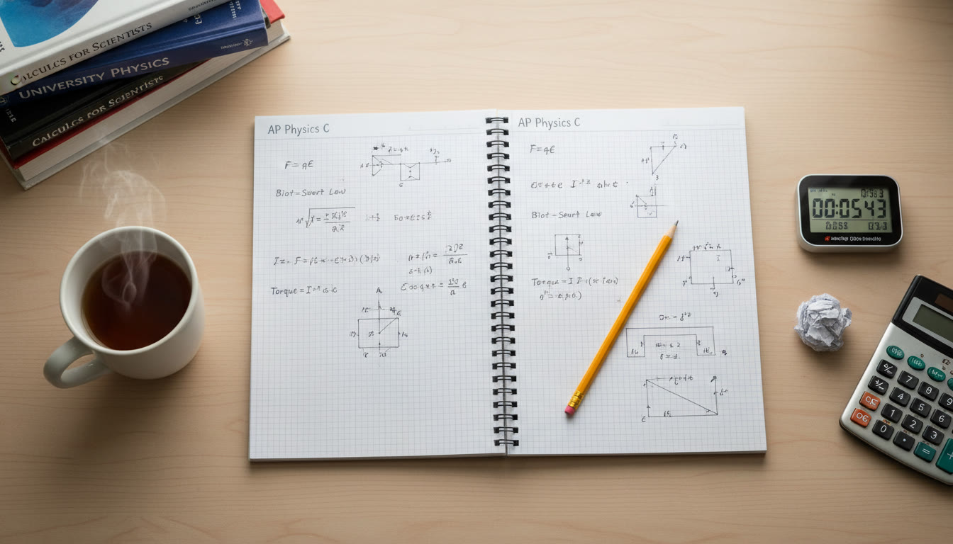 Photo Idea : A top-down shot of a tidy study desk with an open AP Physics notebook showing equations, a timer, and a pencil — suggesting focused sprint practice.