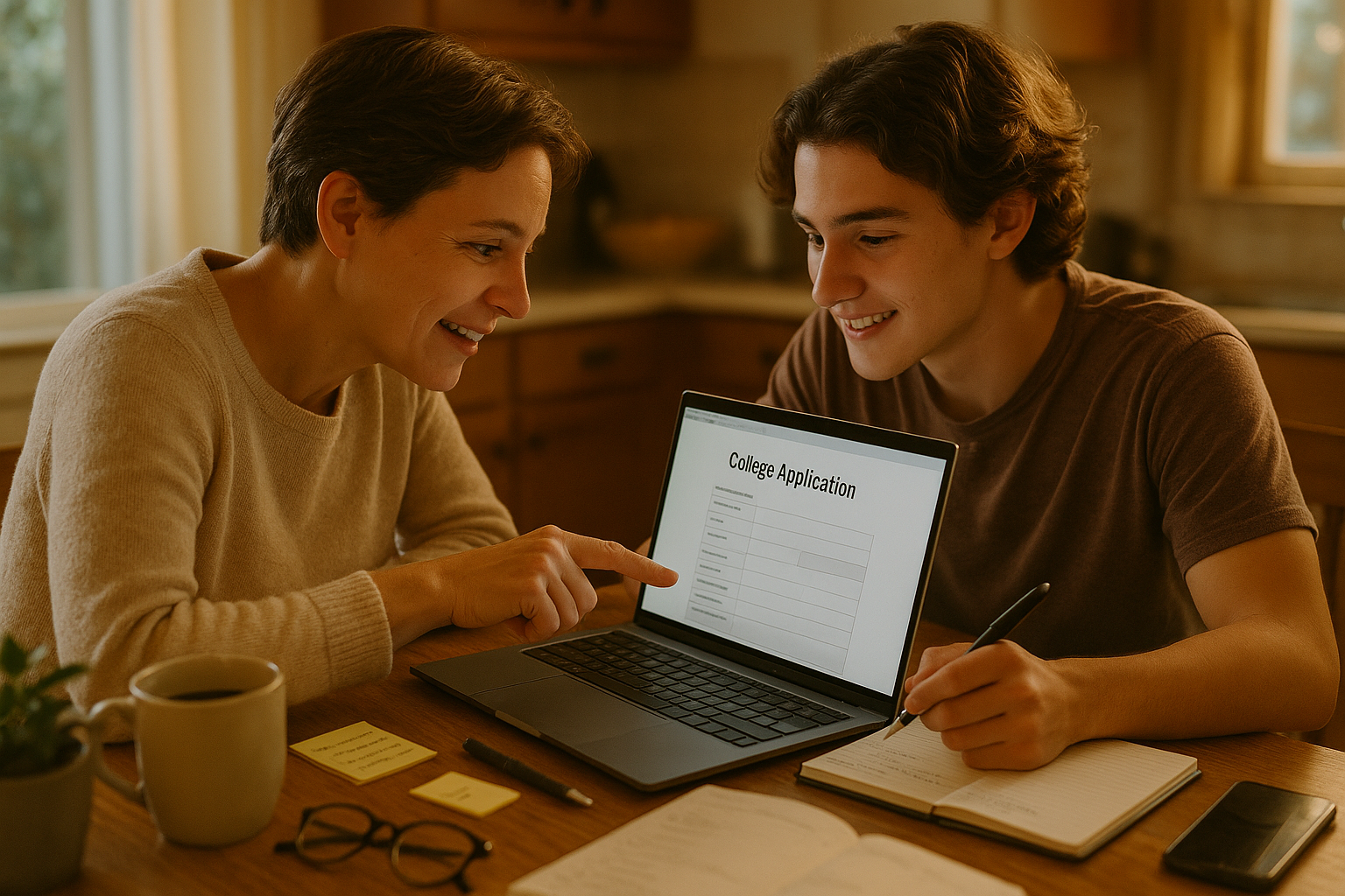 Photo Idea : A warm, candid photo of a parent and teenager at a kitchen table, looking over a laptop with college application pages open and notepads around.