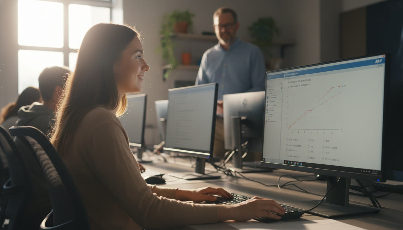 Photo Idea : A calm, focused scene of a student at a school computer lab during a digital test soft lighting, hands on keyboard, a proctor visible in the background for scale and reassurance.