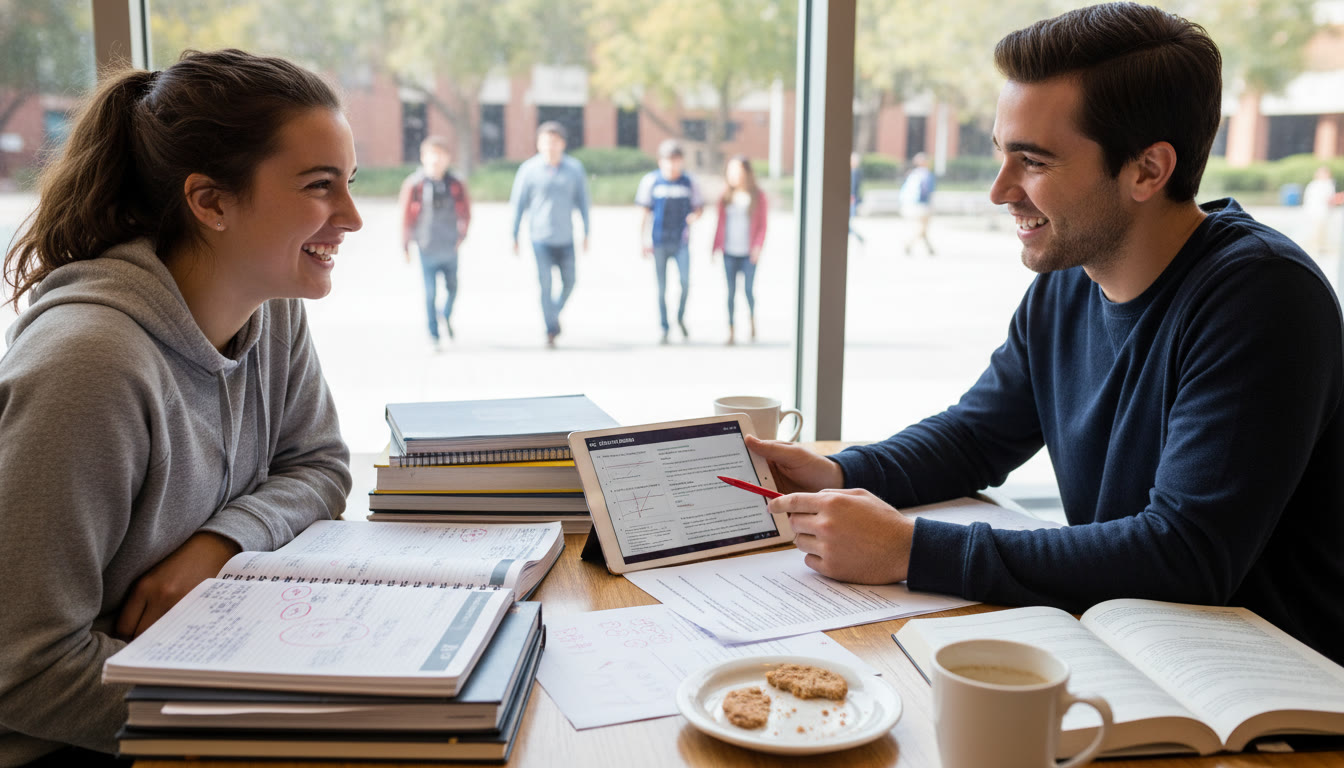 Photo Idea : A student and tutor at a table with notes, red pen, and a tablet — illustrating 1-on-1 tutoring and tailored feedback.