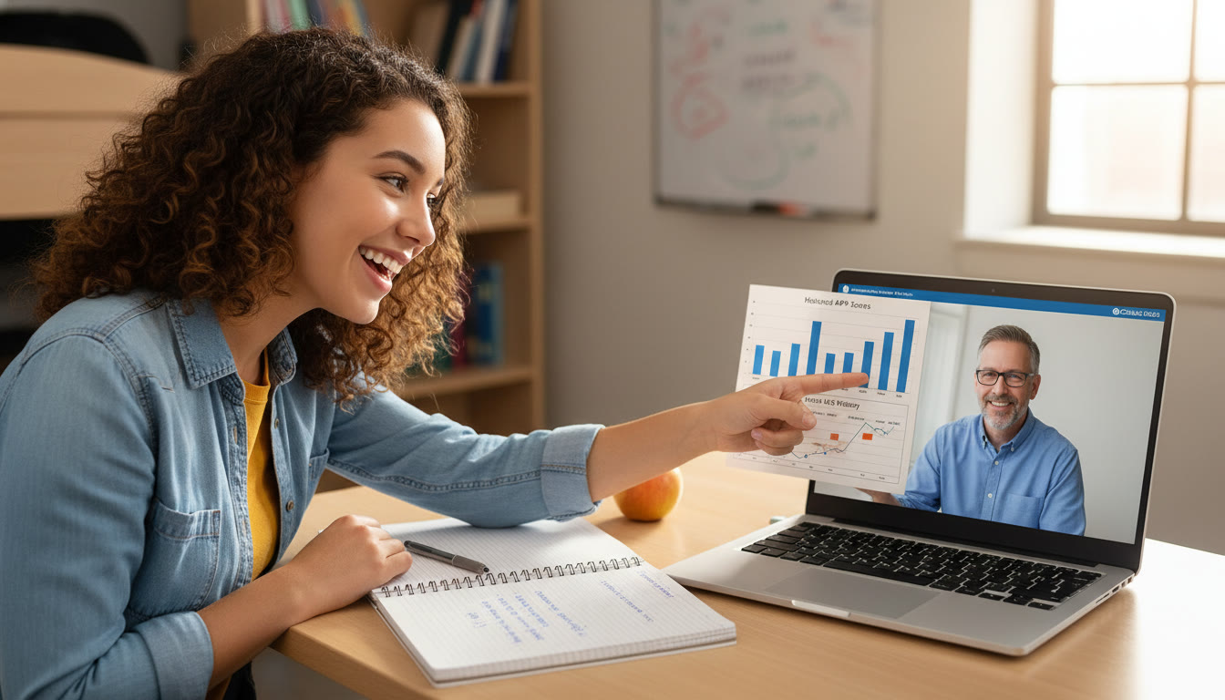 Photo Idea : A student and an online tutor reviewing a chart on a laptop screen, with a notebook full of bullet-pointed evidence statements—visualizes personalized, actionable coaching in practice.