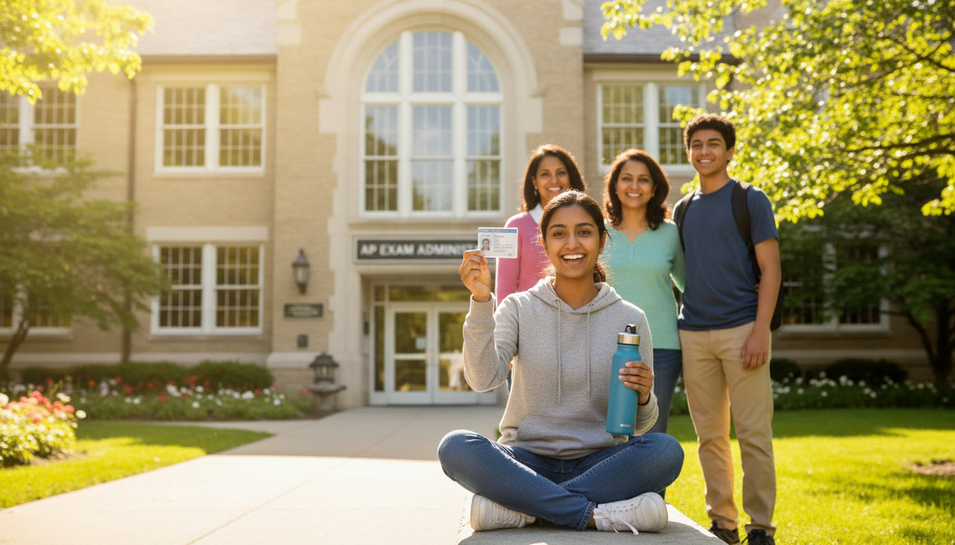 Photo Idea : A bright, reassuring scene showing a student calmly sitting outside a test center with family nearby, holding ID and a water bottle.