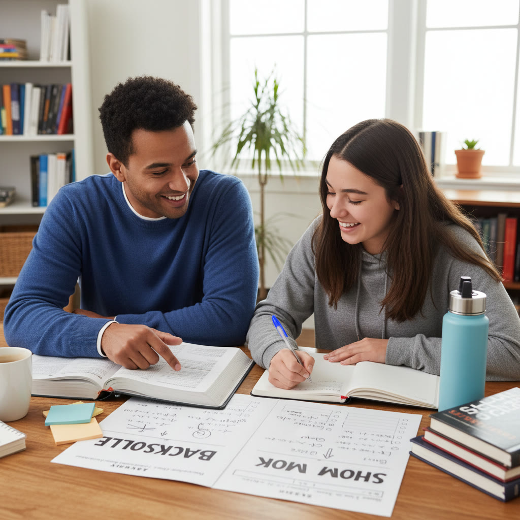 Suggested image: A tutor and student reviewing problems together, with notes that say 'backsolve' and 'show work,' to emphasize personalized guidance.
