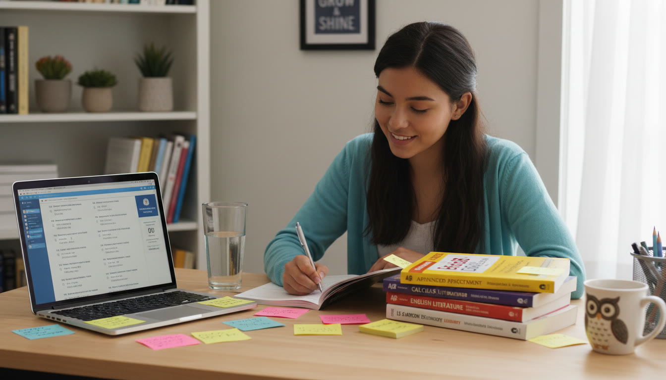 Photo Idea : A focused student at a desk with AP prep books, a laptop showing practice tests, and sticky notes. The composition should feel calm, purposeful, and modern—ideal for placing near the top of the article to set the study tone.