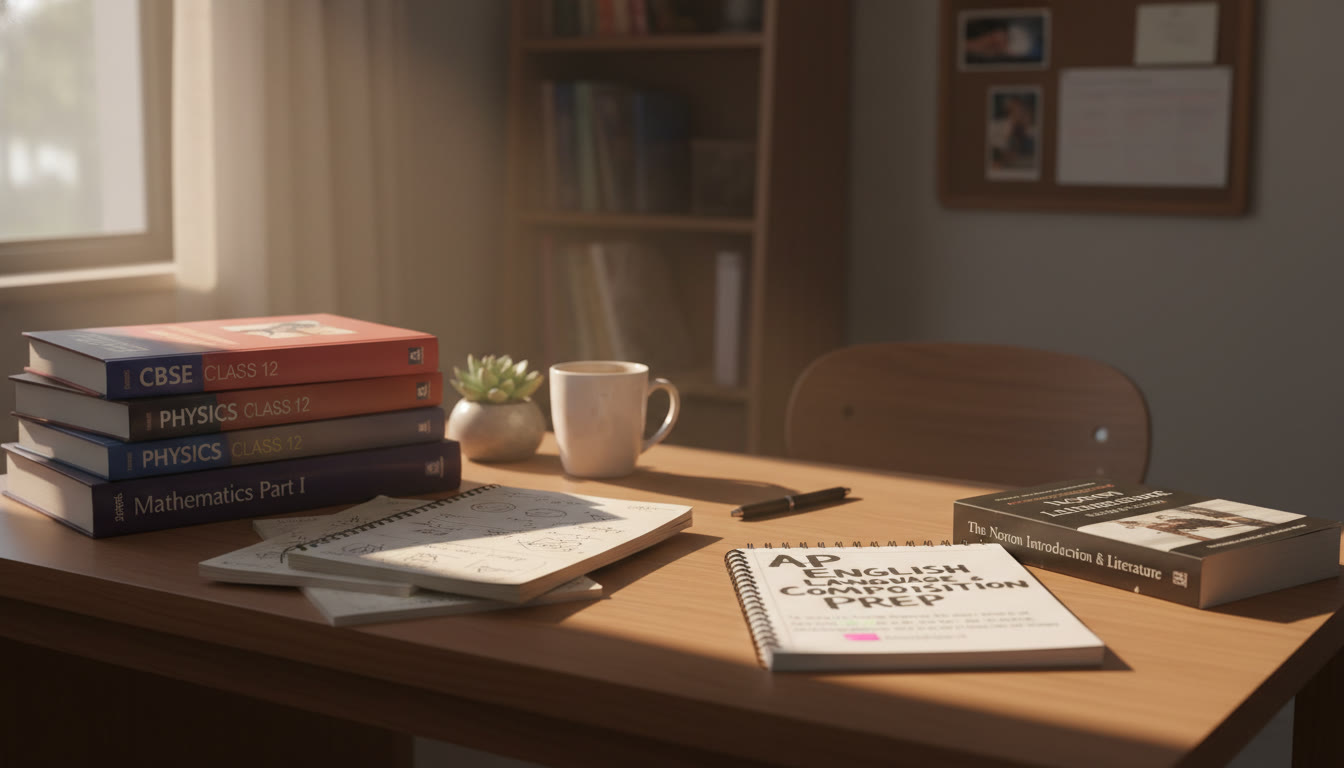 Photo Idea : A calm study desk with CBSE textbooks on one side and an AP Lang prep notebook on the other, sunlight falling across both — suggesting continuity and transition between curricula.