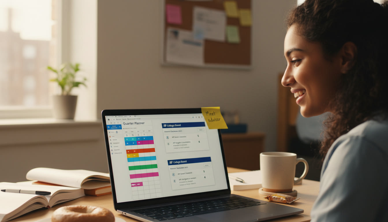 Photo Idea : A close-up of a student at a desk with a laptop open to a quarter planner and AP score printouts, coffee nearby, and a sticky note that reads 