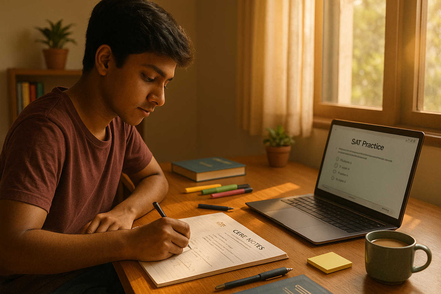 Photo Idea : A calm study corner with an Indian teenager studying CBSE notes on one side and a laptop opened to SAT practice questions on the other, warm natural light pouring in.
