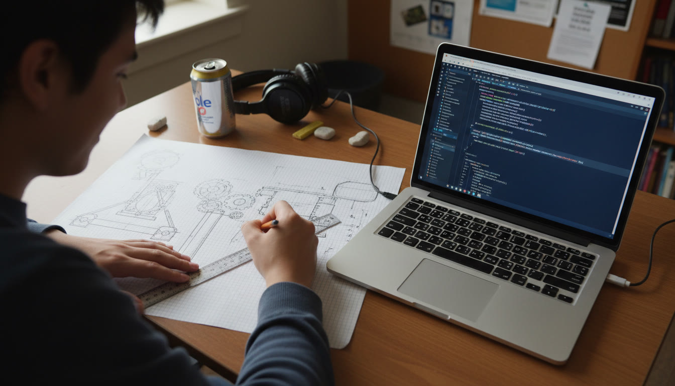 Photo Idea : A candid overhead shot of a student sketching mechanical drawings on graph paper beside a laptop with code visible, capturing the blend of hands-on design and computation. Place this image near the checklist or portfolio guidance to reinforce the idea of tangible projects.