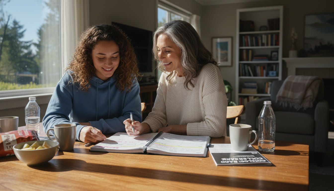 Photo Idea : A calm after-study scene: a student and parent reviewing a planner together at a sunny table visuals emphasizing collaboration, realistic snacks, and a relaxed posture.