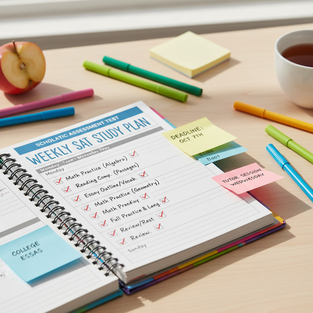 Close-up of a weekly planner with colored pens and sticky notes, showing a sample SAT study schedule and checkboxes