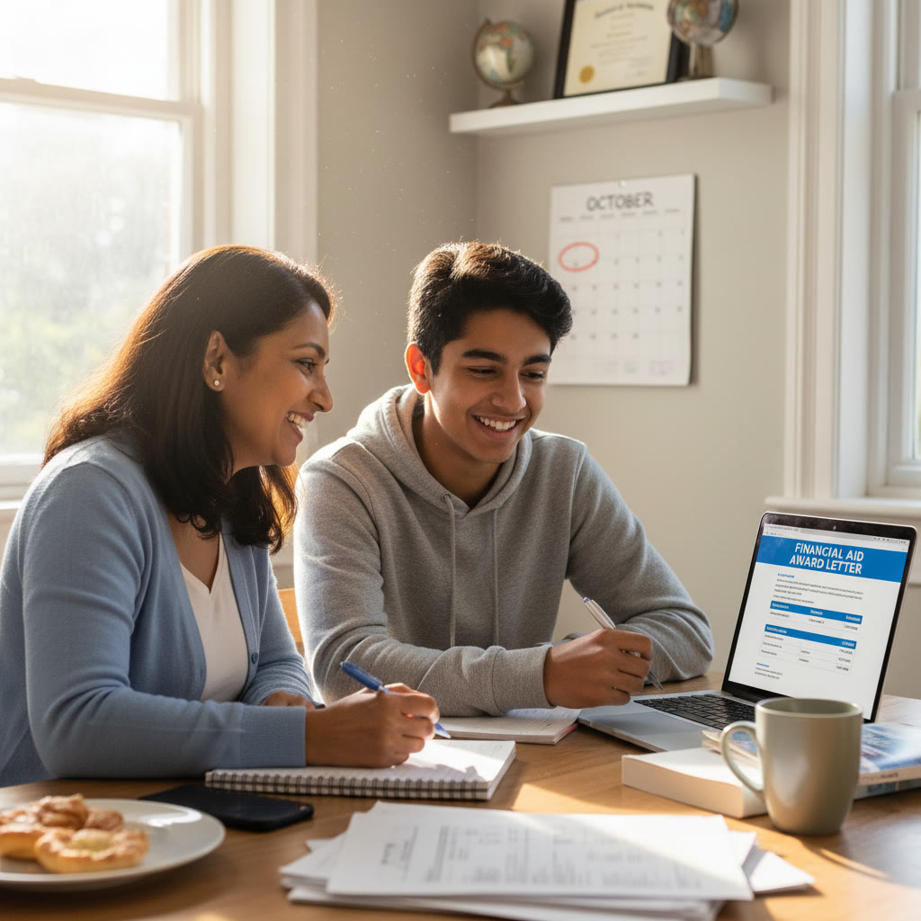 Photo Idea : A parent and student sitting together with a laptop, reviewing a financial aid award letter while taking notes and smiling.