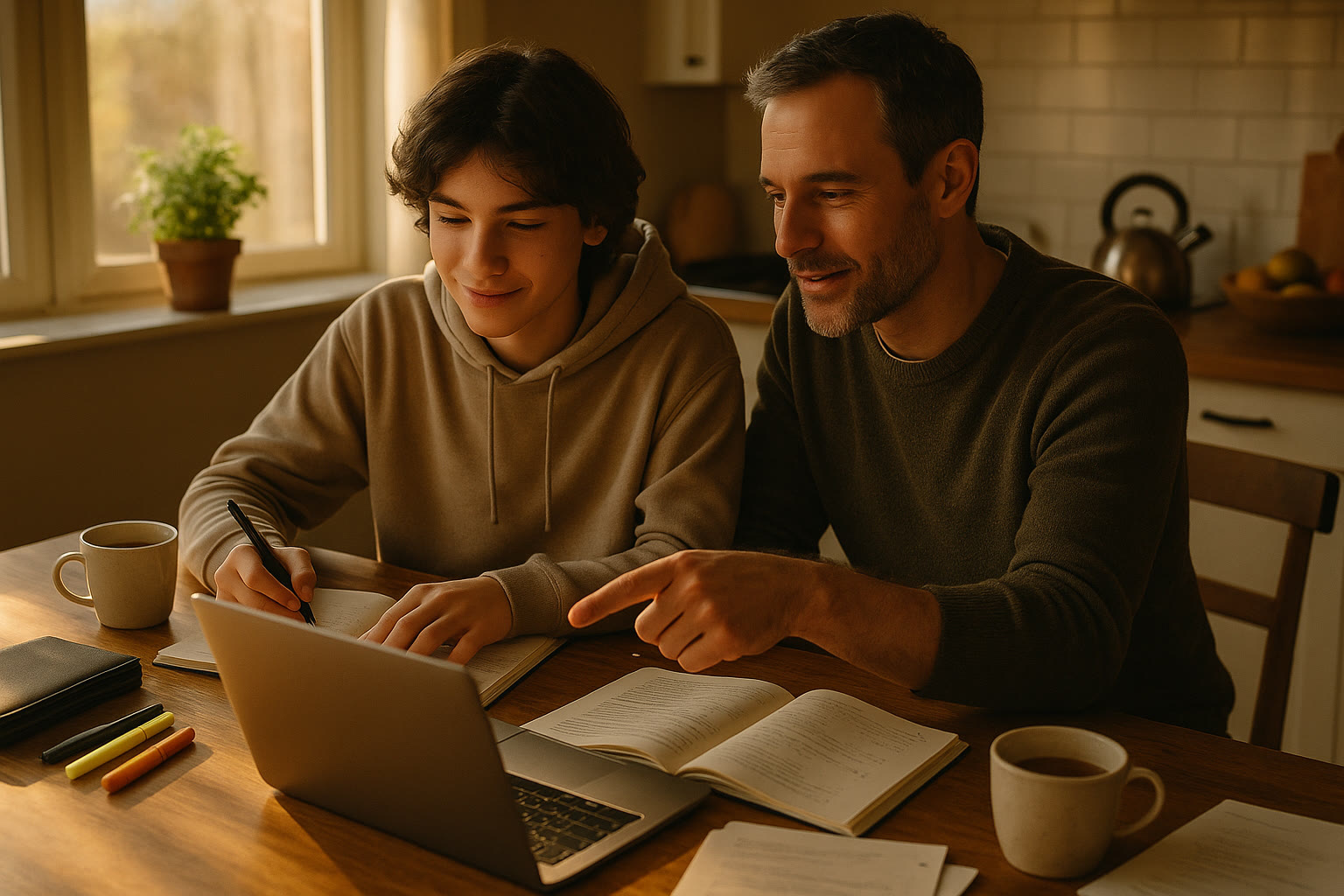 Photo Idea : A late-afternoon kitchen-table scene with a student and parent looking at a laptop together, relaxed, with practice books nearby and cups of tea — a calm, supportive atmosphere that conveys partnership.