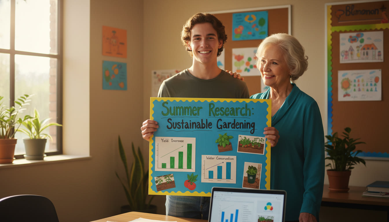 Photo Idea : A student presenting a simple poster at a local community center or on a laptop, showing a summer project (graphs and images) with an encouraging family member watching; warm, proud atmosphere.