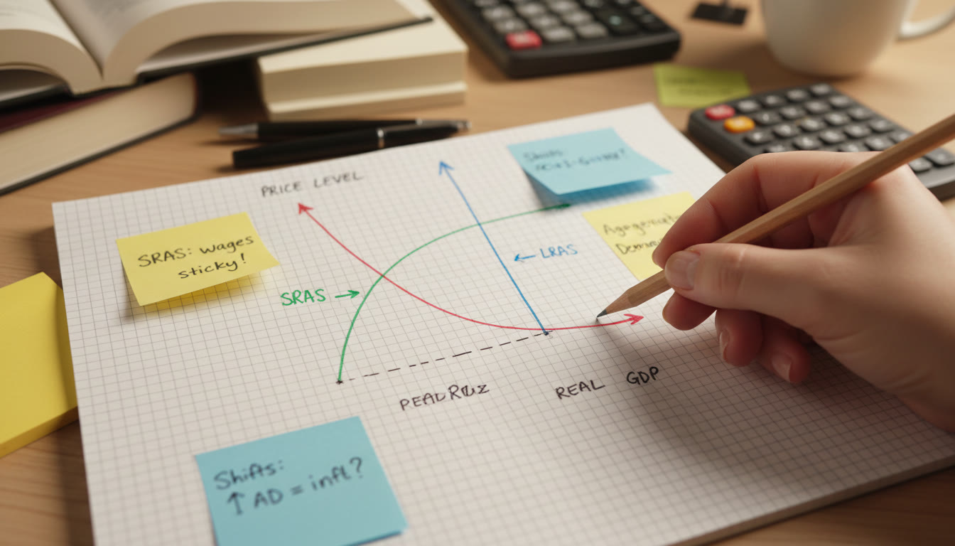 Photo Idea : Close-up of a hand-drawn AS-AD graph on grid paper with colored pencil annotations for SRAS, LRAS, and AD, and sticky notes with quick exam tips—captures an actionable study moment.