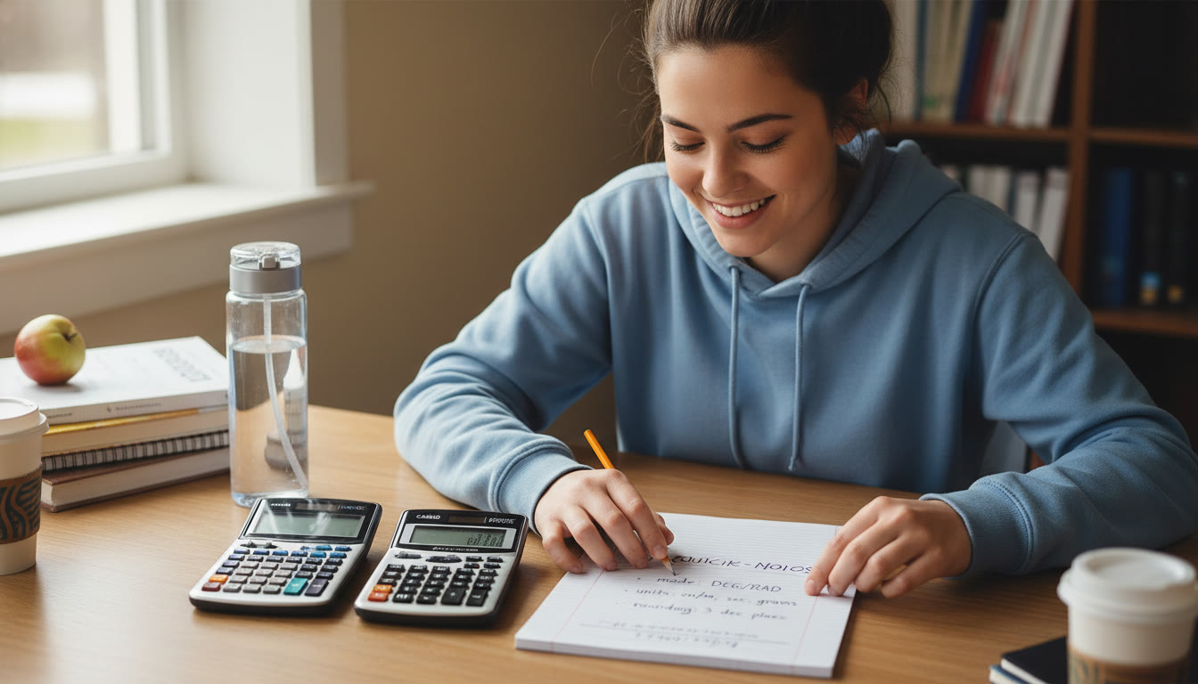 Photo Idea : A calm last-minute test prep scene: a student organizing two calculators, a water bottle, and a cheat-sheet-style page with quick-mode reminders (mode: DEG/RAD, units, rounding rules) on their desk.