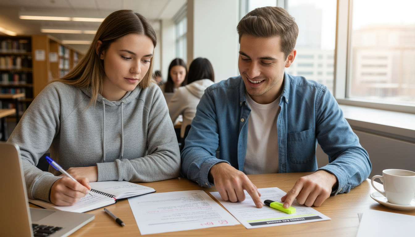 Photo Idea : A tutor and student at a table reviewing a graded FRQ, with the tutor pointing to a rubric and the student taking notes — emphasizes personalized feedback and step-by-step improvement.