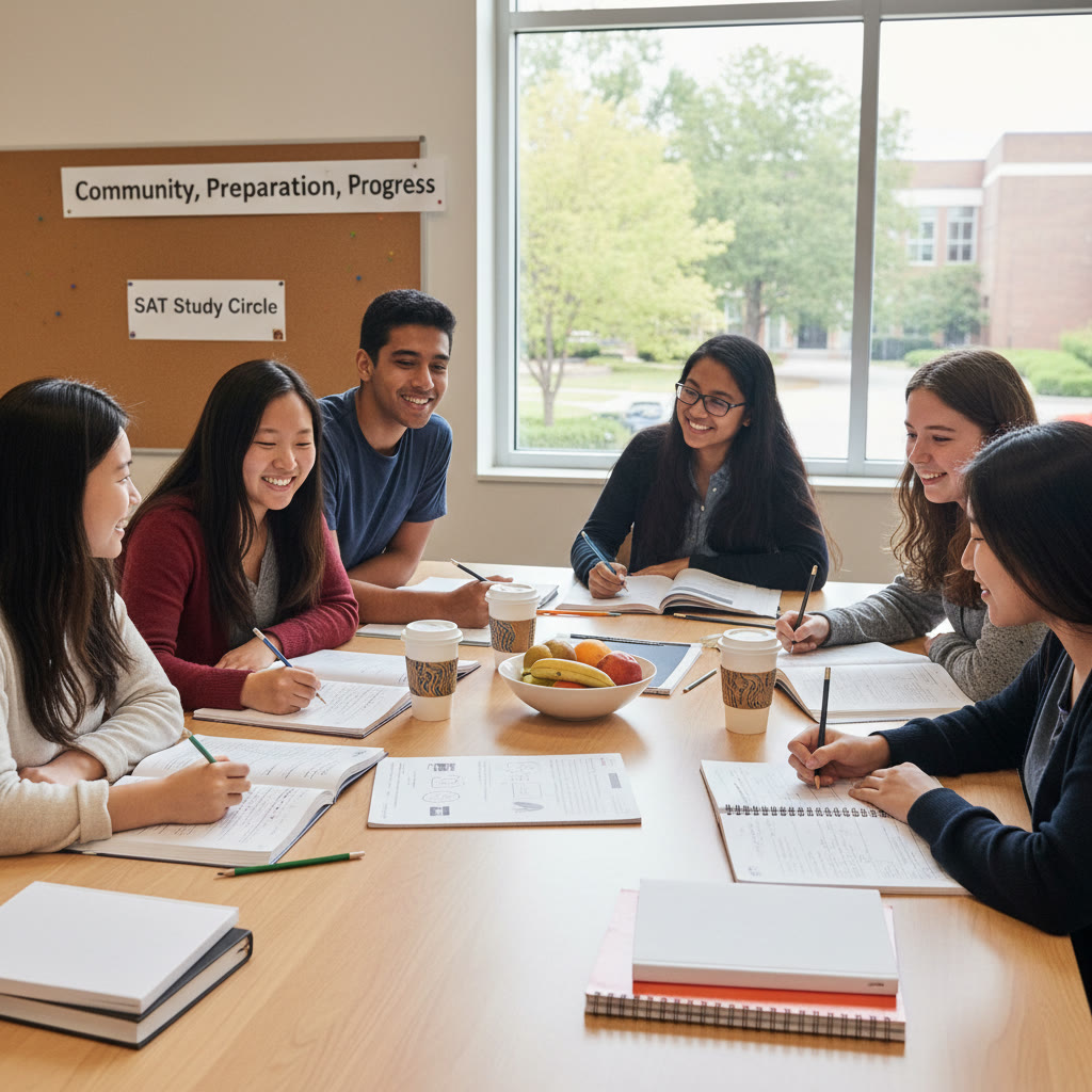 Photo idea: A study circle made up of diverse students around a table with practice tests and notes, caption: 'Community, preparation, progress.'