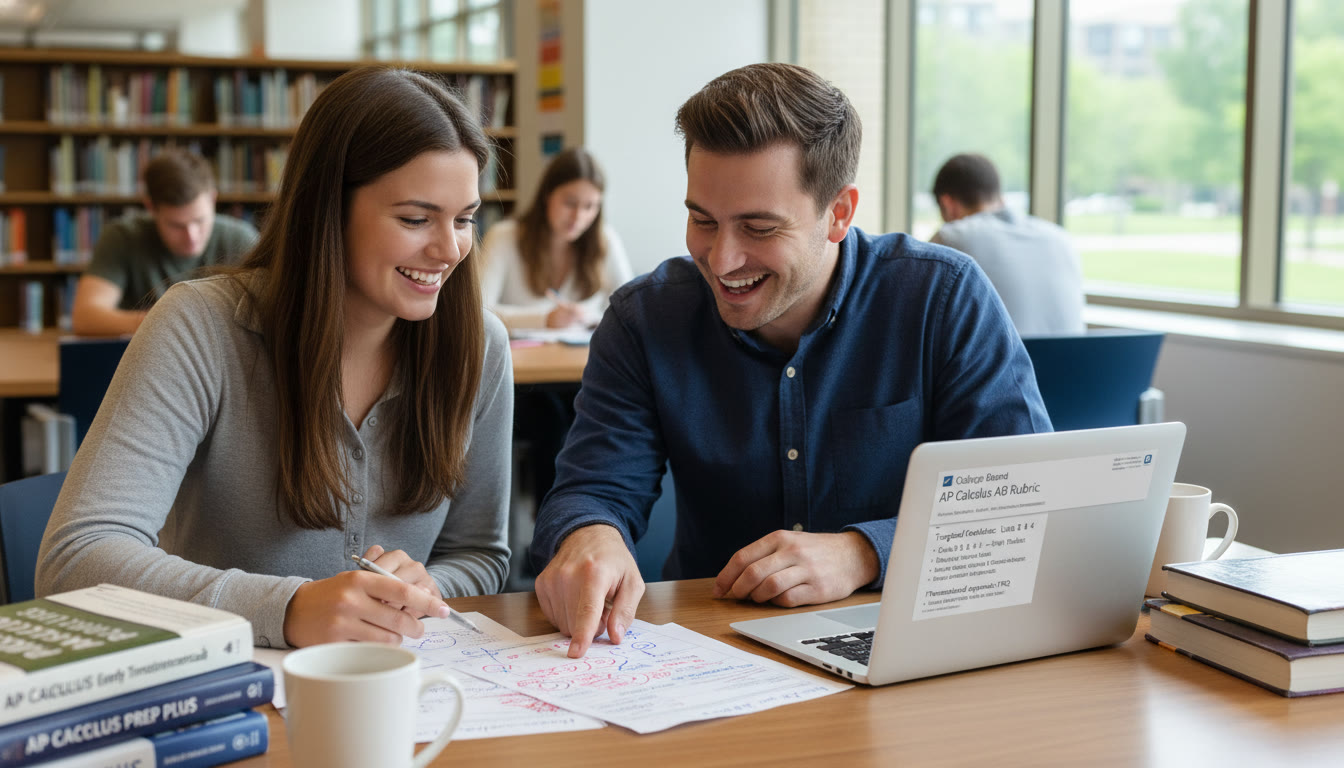 Photo Idea : A tutor and student reviewing a marked mock exam together, with a laptop open to a rubric and notes visible — illustrates targeted feedback and the personal touch of tutoring.