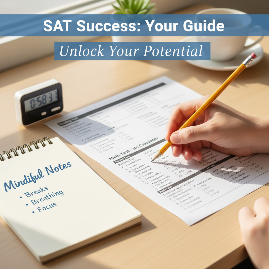 Close-up of a student's hands holding a pencil over an SAT practice sheet, with a small timer and a notebook labeled 