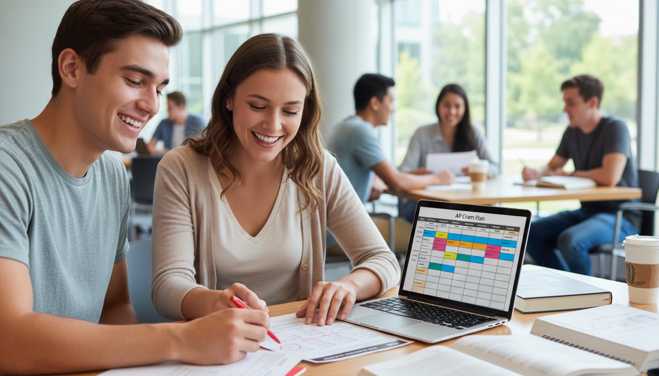 Photo Idea : A supportive tutoring session—student and tutor reviewing a practice exam together, red pen marking areas for improvement, laptop with a study schedule visible. Tone is collaborative and encouraging.