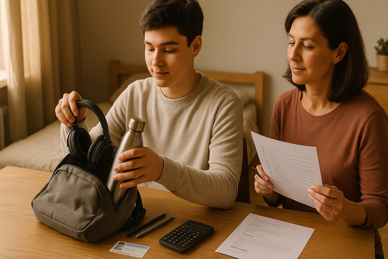 Photo Idea : A calm morning scene before test day — teen packing a small bag with headphones and water bottle while a parent checks a printed checklist; light from a window, focused but relaxed mood.