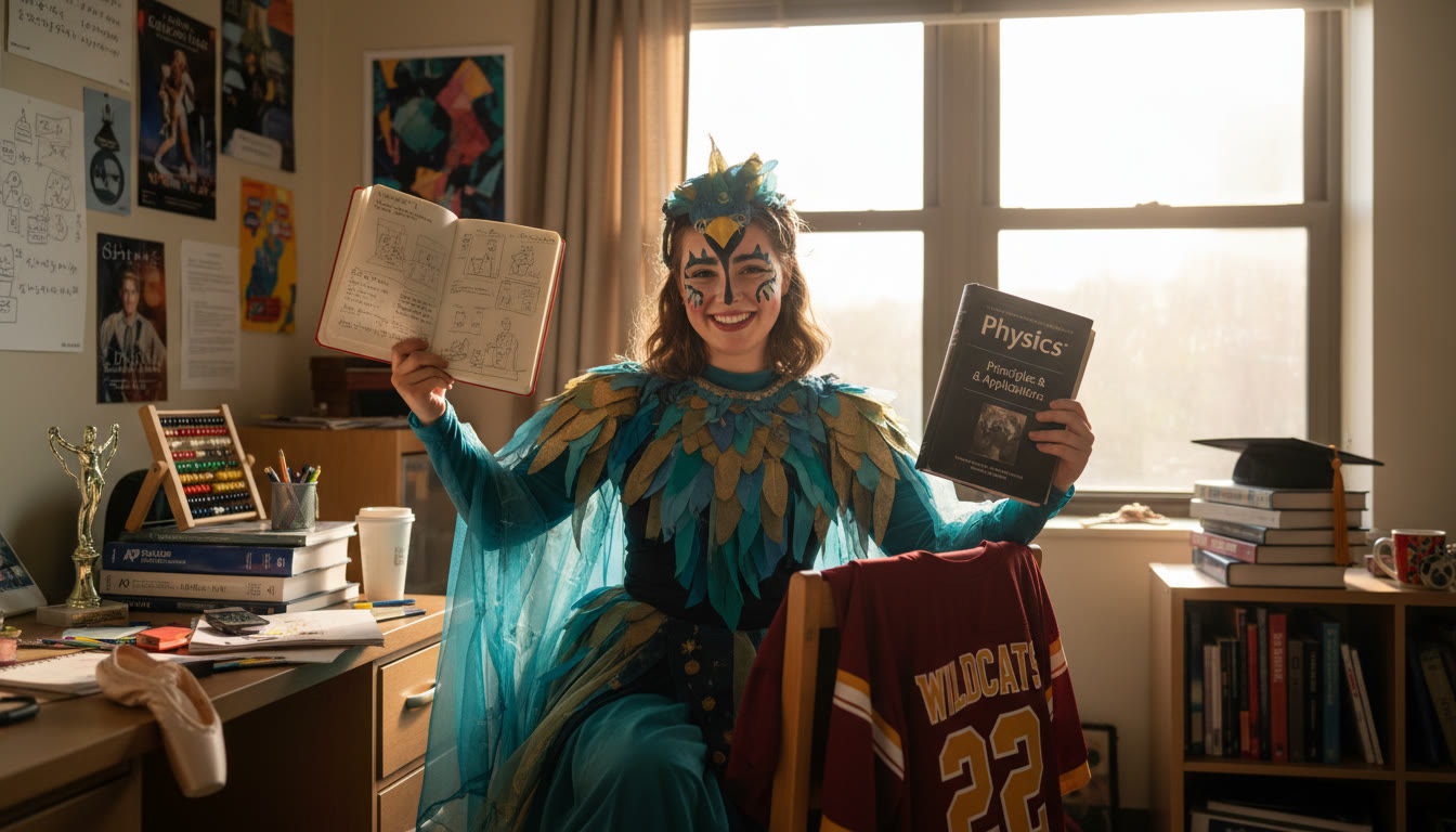 Photo Idea : A victorious post-performance scene showing a student in costume holding a sketchbook or a textbook with a sports jersey draped over a chair — small visual cues that highlight balance and achievement.