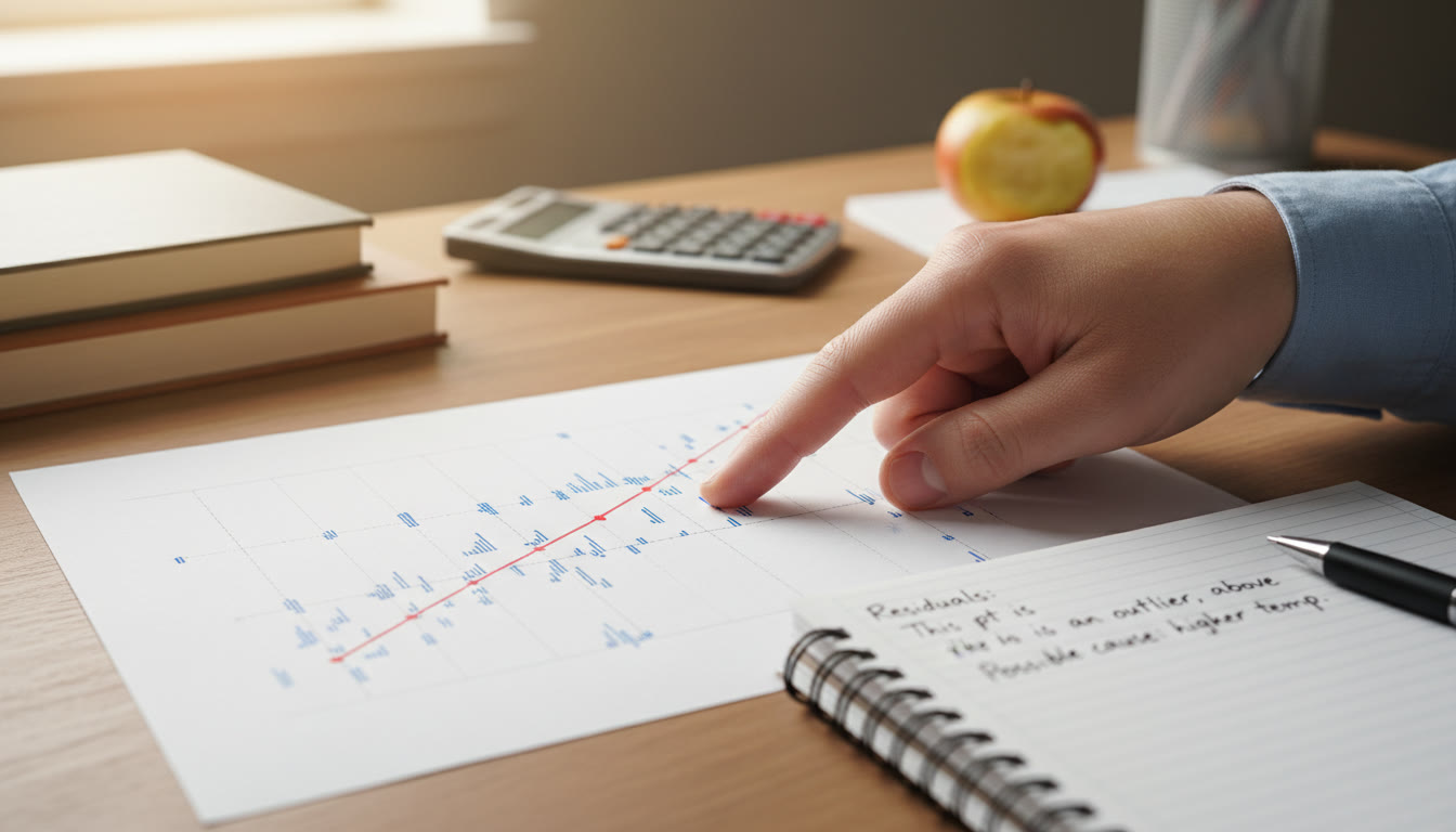 Photo Idea : Close-up of a printed scatterplot with error bars and a best-fit line, with a hand pointing to a residual and a notepad with a short written interpretation — captures analysis in progress.