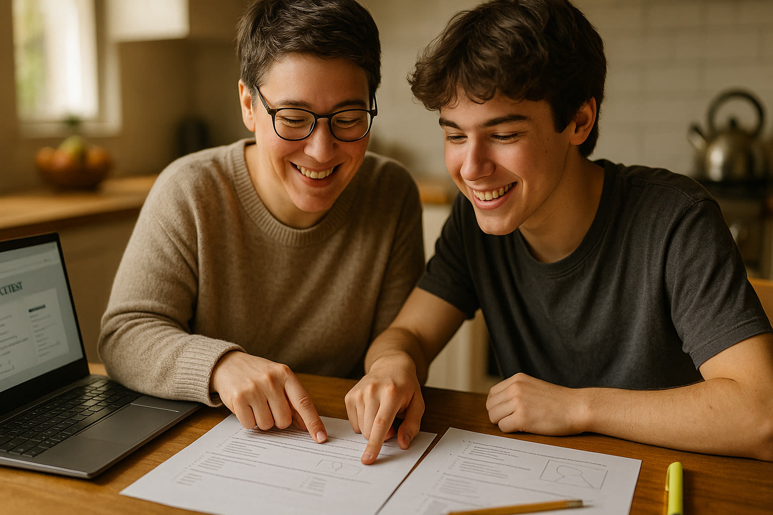 Photo Idea : A candid photo of a parent and teen at a kitchen table with an open laptop and practice test papers, smiling and pointing at a question together.